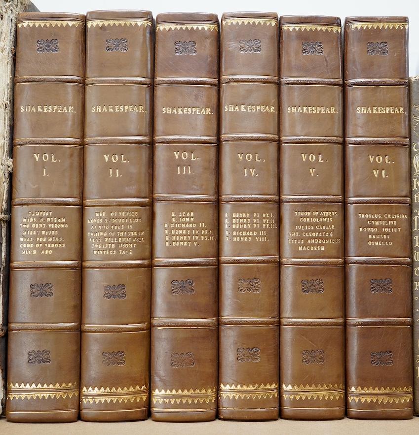 Shakespeare, William - The Works of Shakespear (sic) in six volumes. Adorned with Sculptures. (Edited by Sir Thomas Hanmer), second edition. portrait frontis., 2 plates of monuments and 36 others, num. pictorial tailpiec